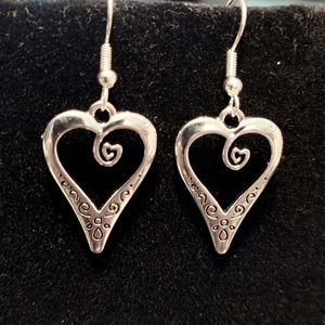 Boho silver etched heart earrings